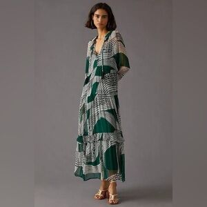 Anthropologie Green and Black Patterned Maxi Dress